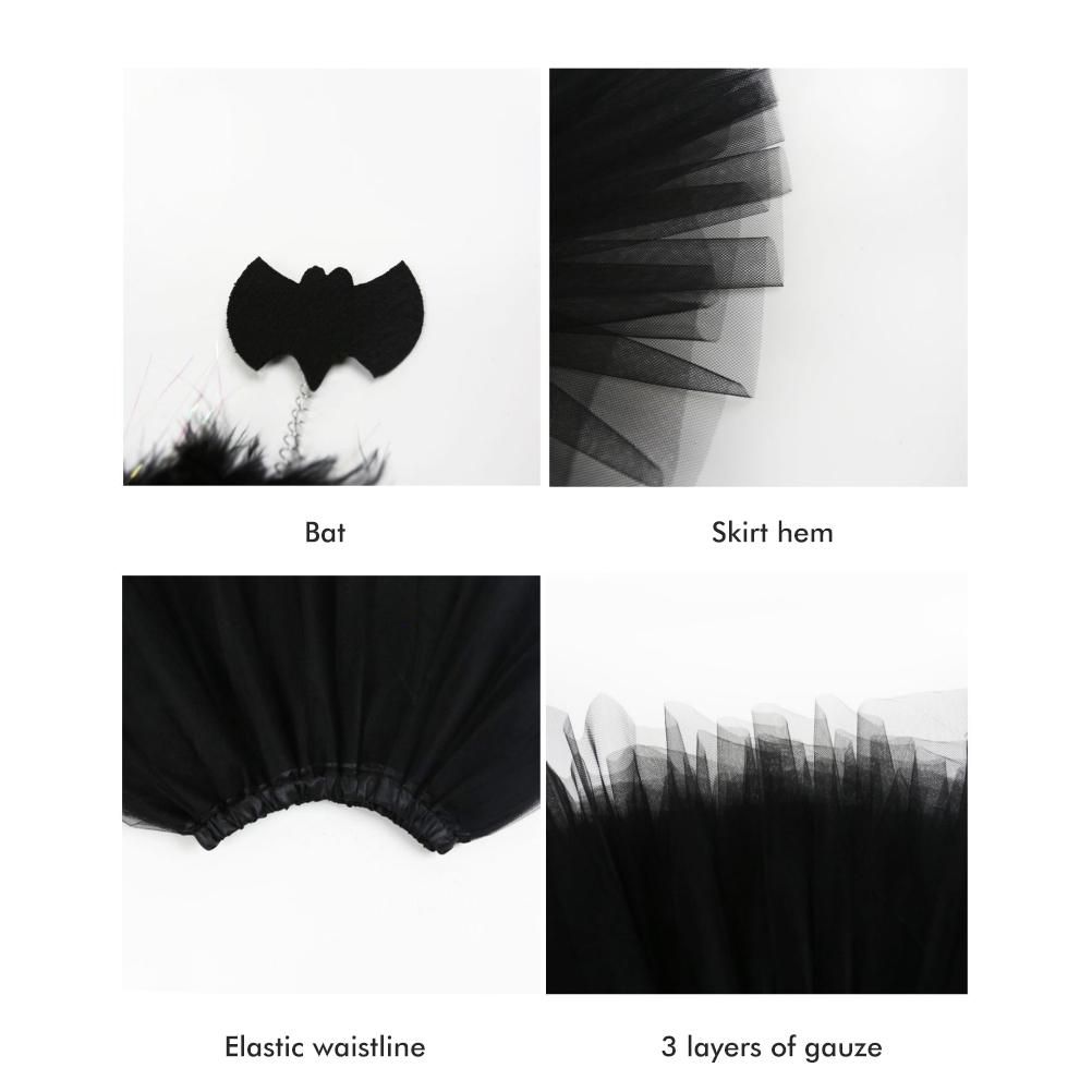 4Pcs Girls Halloween Cosplay Costume Dress Up Dress Black Mesh Skirt with Headband Bat Wing Wand Halloween Party Cosplay Props