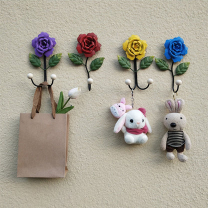 Wrought Iron Rose Flowers Double Hook Small Hook Door Behind Bathroom Kitchen Wall Perforation Free Porch Decoration