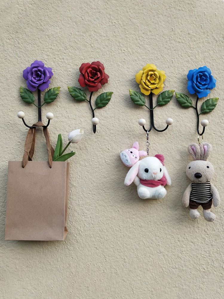Wrought Iron Rose Flowers Double Hook Small Hook Door Behind Bathroom Kitchen Wall Perforation Free Porch Decoration