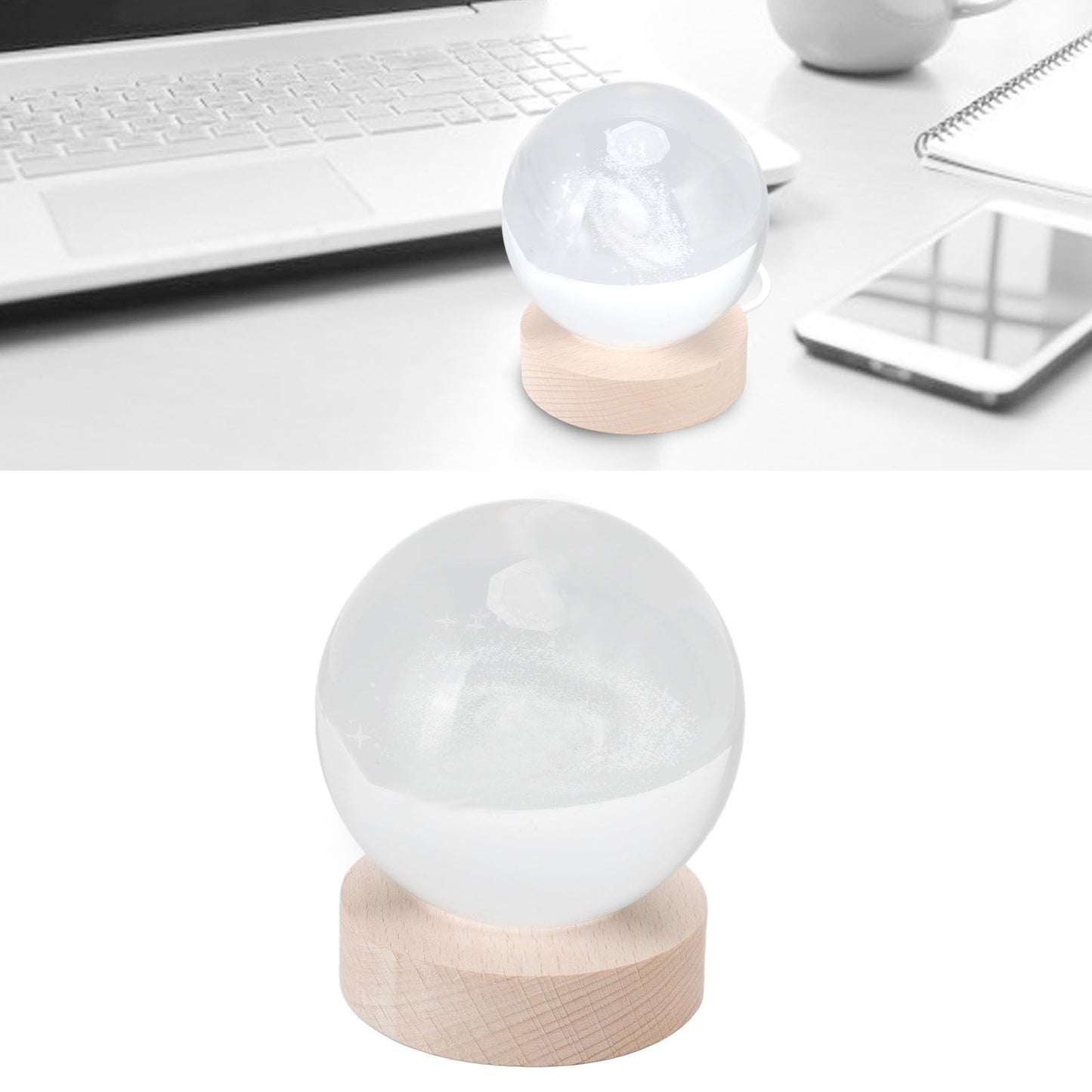 Crystal Ball Night Light Wired Button Switch Round 3D Decorative Crystal Ball with Base for Home Galactic System Warm Light
