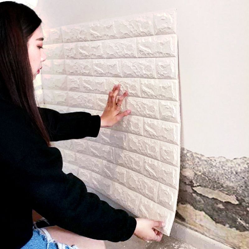 3D Brick Wall Stickers Self Adhesive Waterproof Prevent Collision DIY Faux Foam Brick Wall Panels for Bedroom Kitchen Standard 2.5mm/0.1in White