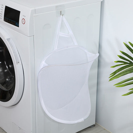 Collapsible Laundry Bag Foldable Laundry Hamper Large Laundry Basket Mesh Wall Mounted for Bathroom with Hook White Mesh