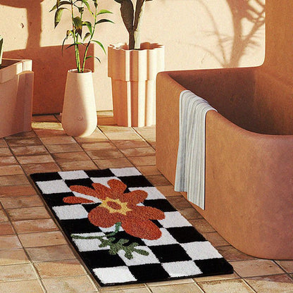 Checkered Doormat Anti Skid Black White Grid Cute Door Mat for Bathrooms Kitchens Living Rooms Orange Flower 50x80