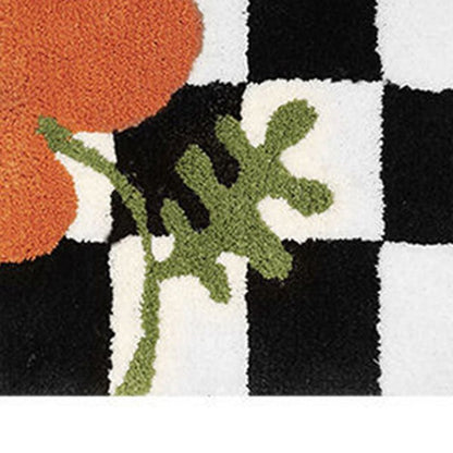 Checkered Doormat Anti Skid Black White Grid Cute Door Mat for Bathrooms Kitchens Living Rooms Orange Flower 50x80