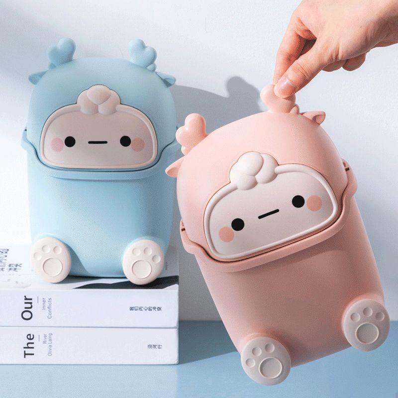 Desktop Trash Can Plastic Mini Lovely Living Room Dining Table Wastebasket with Lid for Home Pink Little Elk