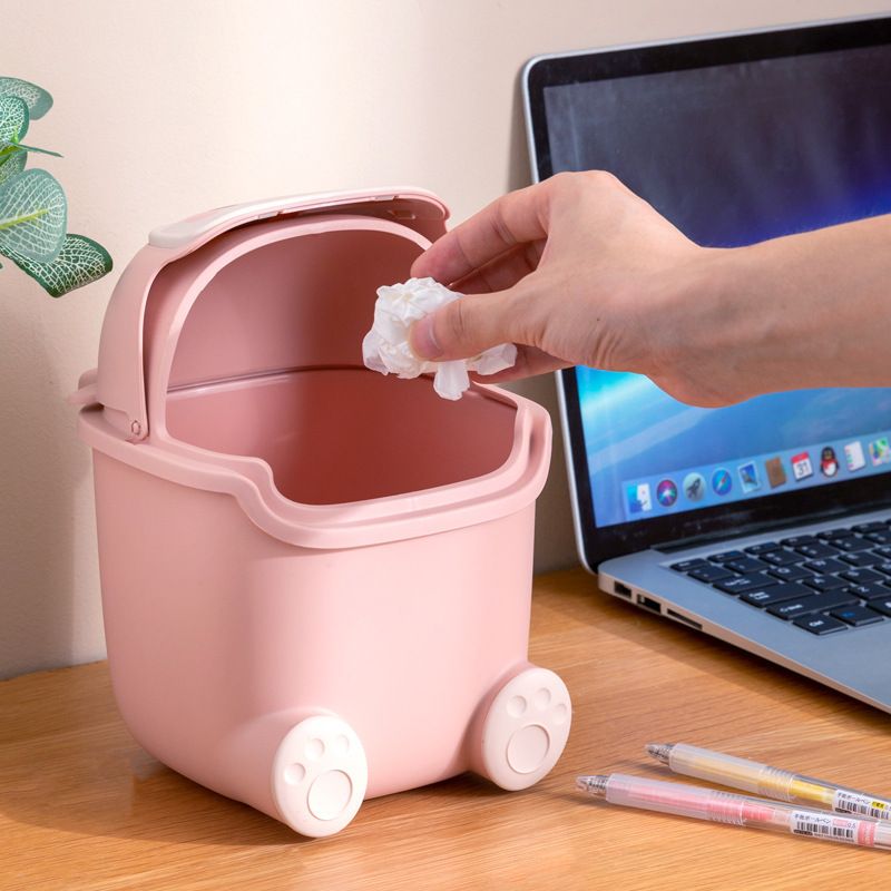 Desktop Trash Can Plastic Mini Lovely Living Room Dining Table Wastebasket with Lid for Home Pink Little Elk