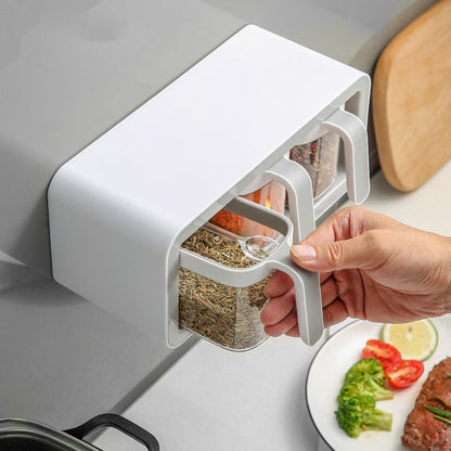 Seasoning Box Wall Mount Multi Grid Seasoning Storage Container Kitchen Seasoning Jar Combination Set 2 Container Gray with 2 Spoons