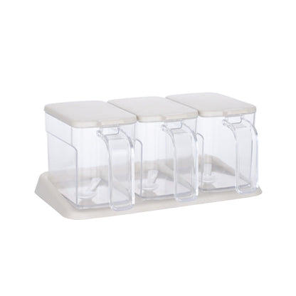 Seasoning Box Set Plastic Clear 3 Grids Large Capacity Condiment Box with Spoons for Kitchen Apricot