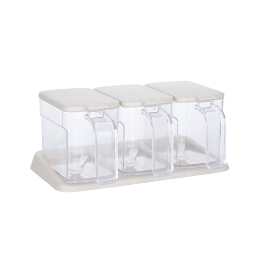 Seasoning Box Set Plastic Clear 3 Grids Large Capacity Condiment Box with Spoons for Kitchen Apricot