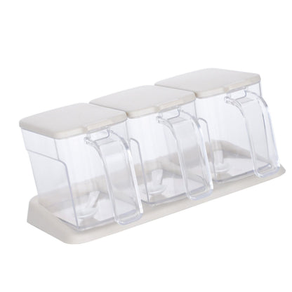 Seasoning Box Set Plastic Clear 3 Grids Large Capacity Condiment Box with Spoons for Kitchen Apricot