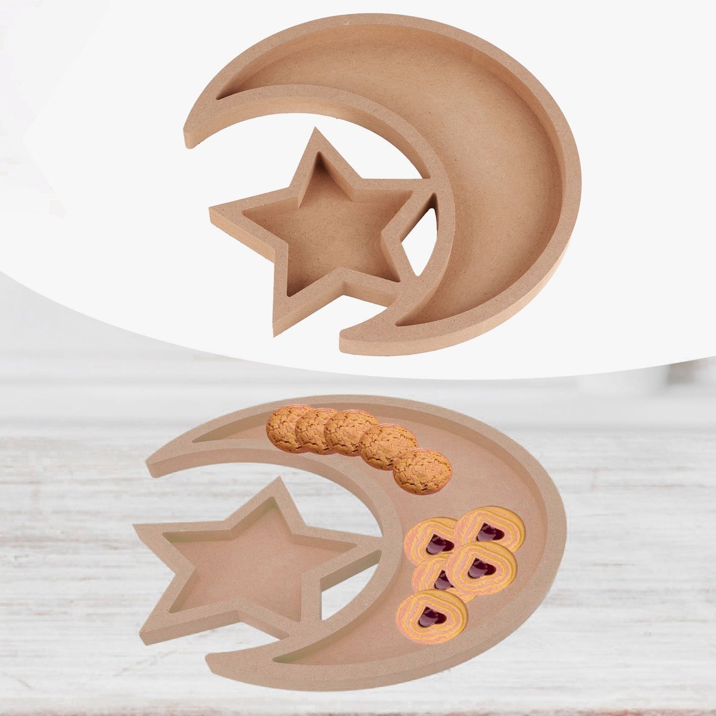 Eid Wooden Dessert Tray Cute Shape Multifunctional Ramadan Wood Moon Tray for Home Ramadan Party Garden Decor