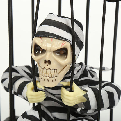 Halloween Scary Screaming Animated Skeleton Cage Prisoner with Light Up Eyes Haunted House Props Halloween Party Decorations