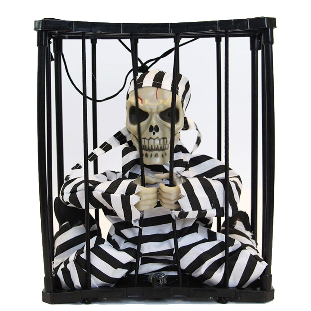 Halloween Scary Screaming Animated Skeleton Cage Prisoner with Light Up Eyes Haunted House Props Halloween Party Decorations