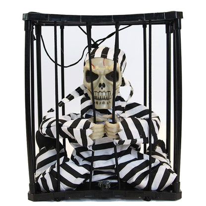 Halloween Scary Screaming Animated Skeleton Cage Prisoner with Light Up Eyes Haunted House Props Halloween Party Decorations