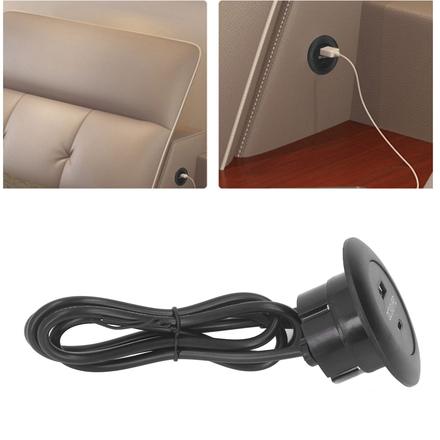 Embedded Charging Round Port QC3.0 Fast Charging Phone Desktop Charger Station for Home 12‑30V 30W Black
