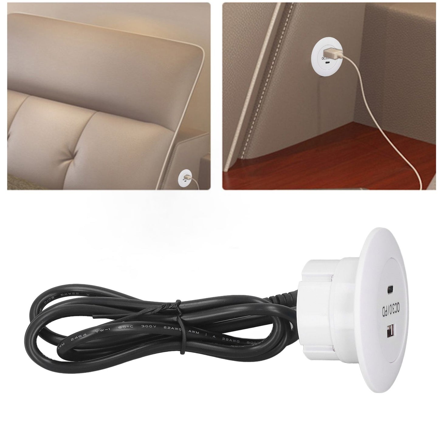 Embedded Charging Round Port QC3.0 Fast Charging Phone Desktop Charger Station for Home 12‑30V 30W White