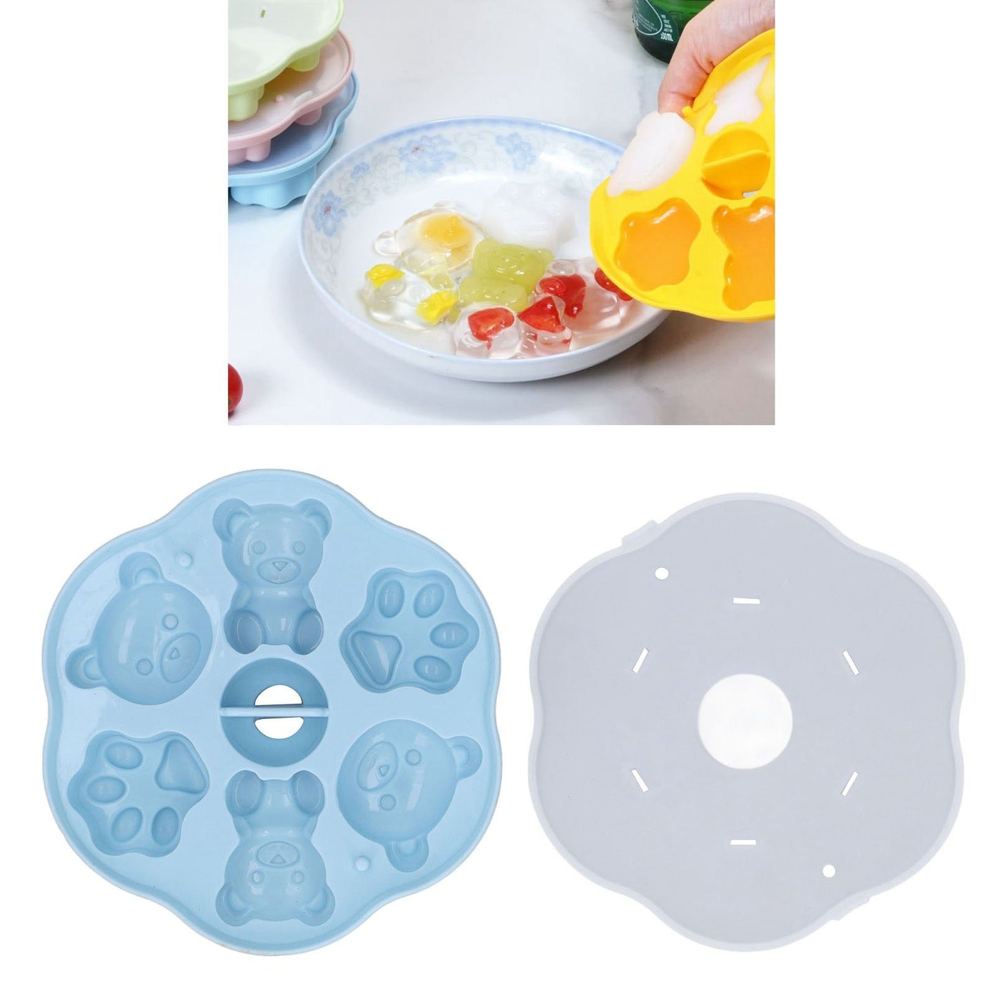 Jelly Mold Silicone Lovely Bear Cat Paw Ice Cube Cake Pudding Kitchen Mould with Lid for Home Kitchen Blue