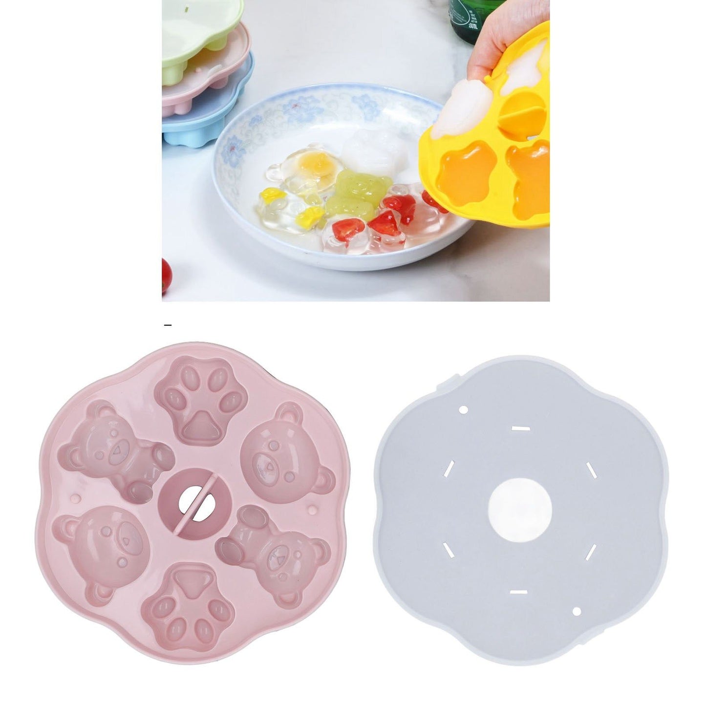 Jelly Mold Silicone Lovely Bear Cat Paw Ice Cube Cake Pudding Kitchen Mould with Lid for Home Kitchen Pink