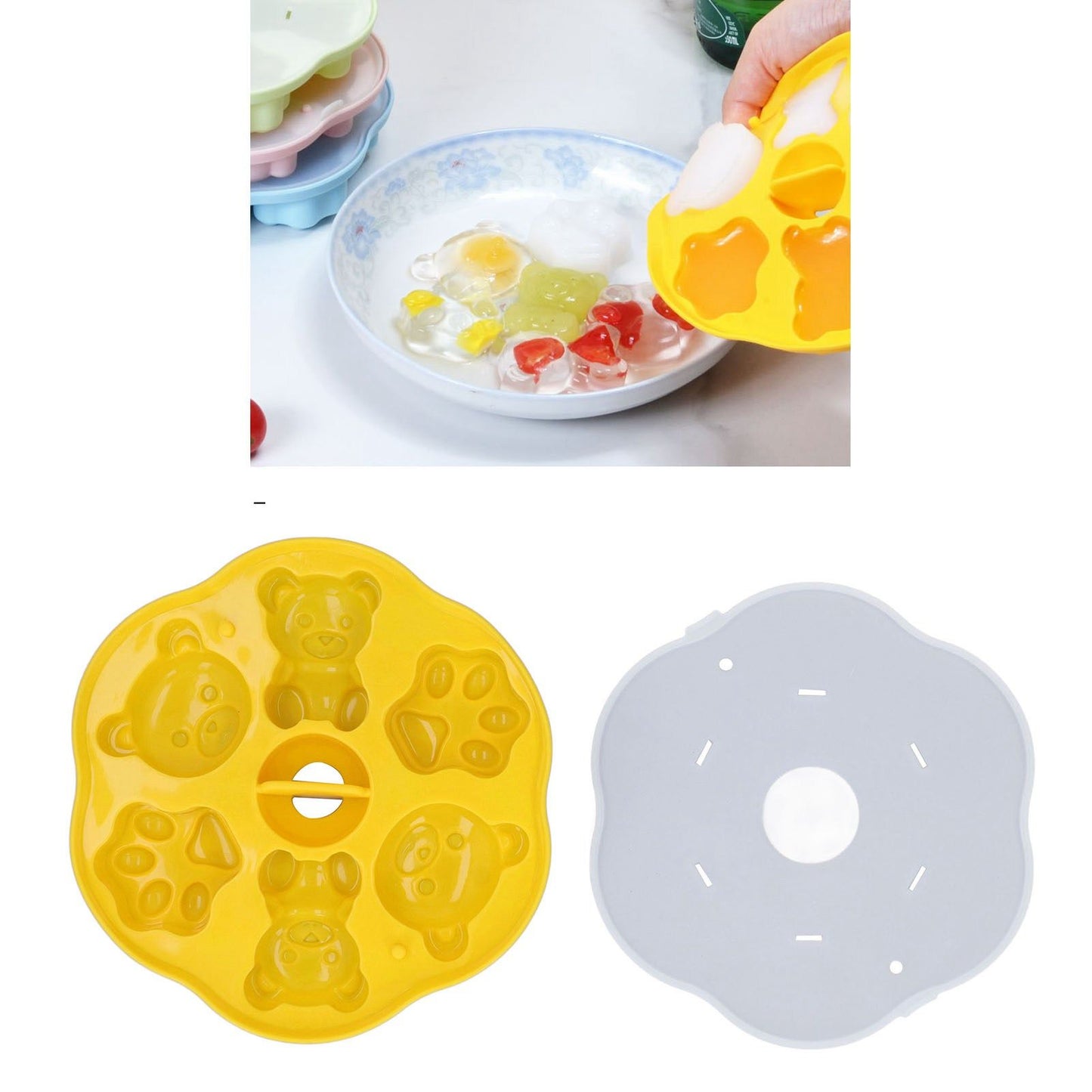 Jelly Mold Silicone Lovely Bear Cat Paw Ice Cube Cake Pudding Kitchen Mould with Lid for Home Kitchen Yellow