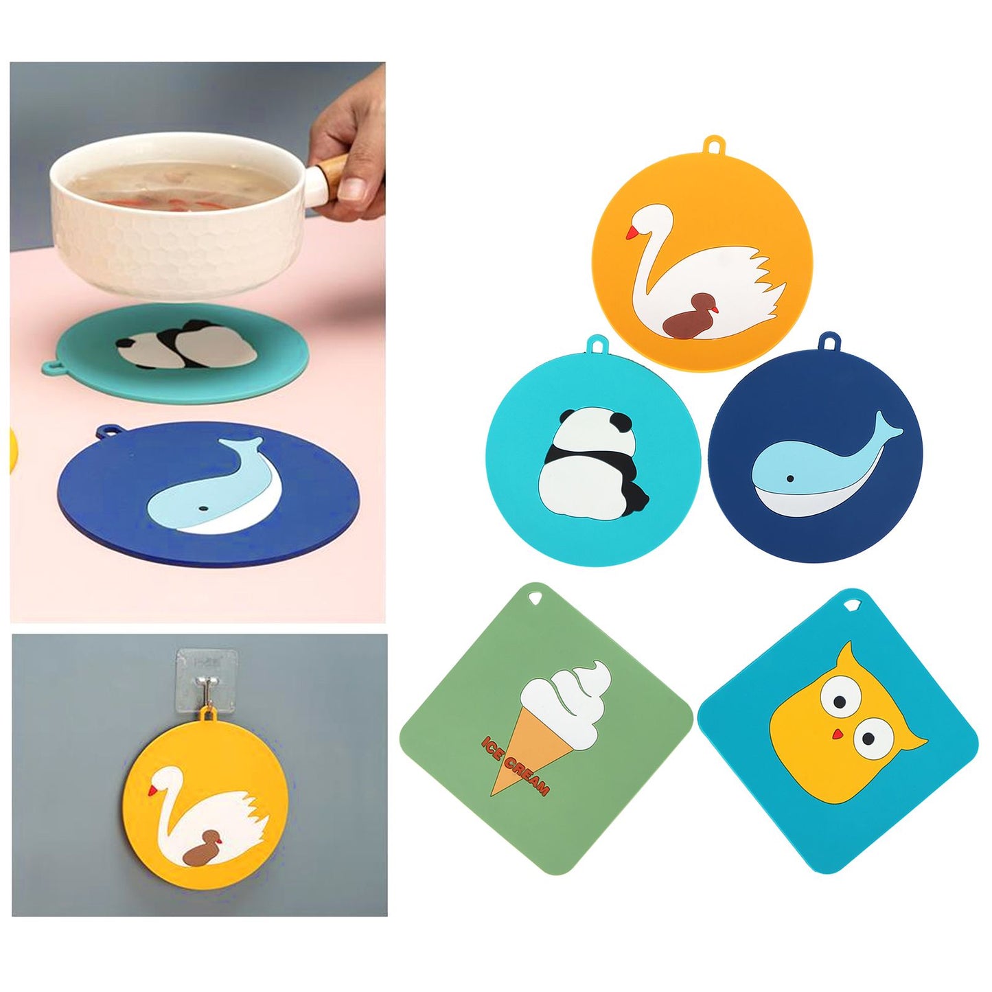 5PCS Silicone Placemat Cute Cartoon Animals Coaster Heat Resistant Table Mats for Home Kitchen
