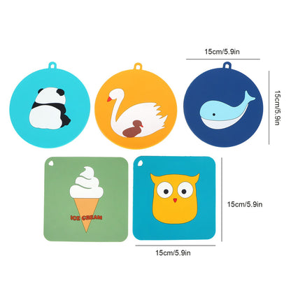 5PCS Silicone Placemat Cute Cartoon Animals Coaster Heat Resistant Table Mats for Home Kitchen
