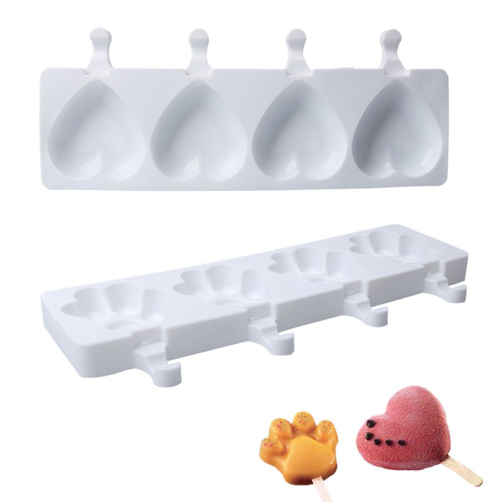 4 Cavities Ice Cream Mold Silicone Popsicle Mold Homemade Heart Shaped Paw Ice Cream Mold for DIY Popsicle Cake Jelly