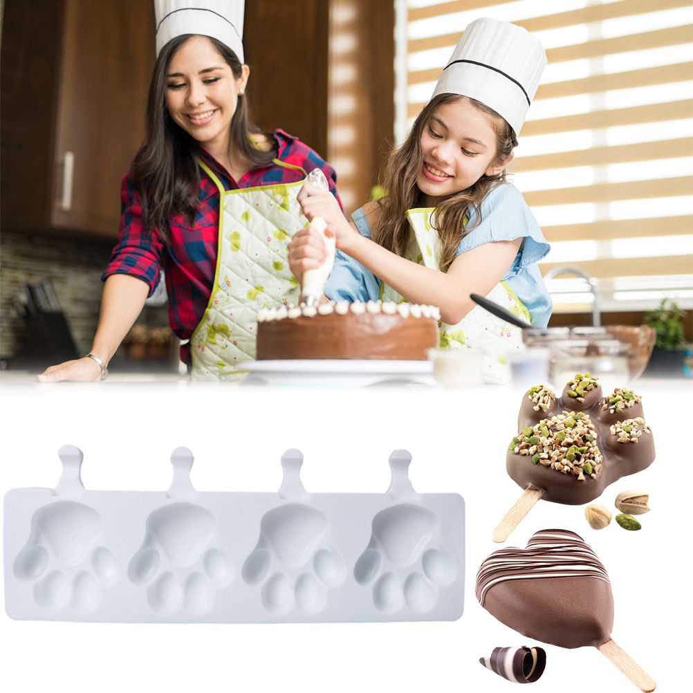 4 Cavities Ice Cream Mold Silicone Popsicle Mold Homemade Heart Shaped Paw Ice Cream Mold for DIY Popsicle Cake Jelly