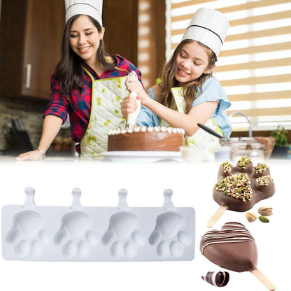 4 Cavities Ice Cream Mold Silicone Popsicle Mold Homemade Heart Shaped Paw Ice Cream Mold for DIY Popsicle Cake Jelly