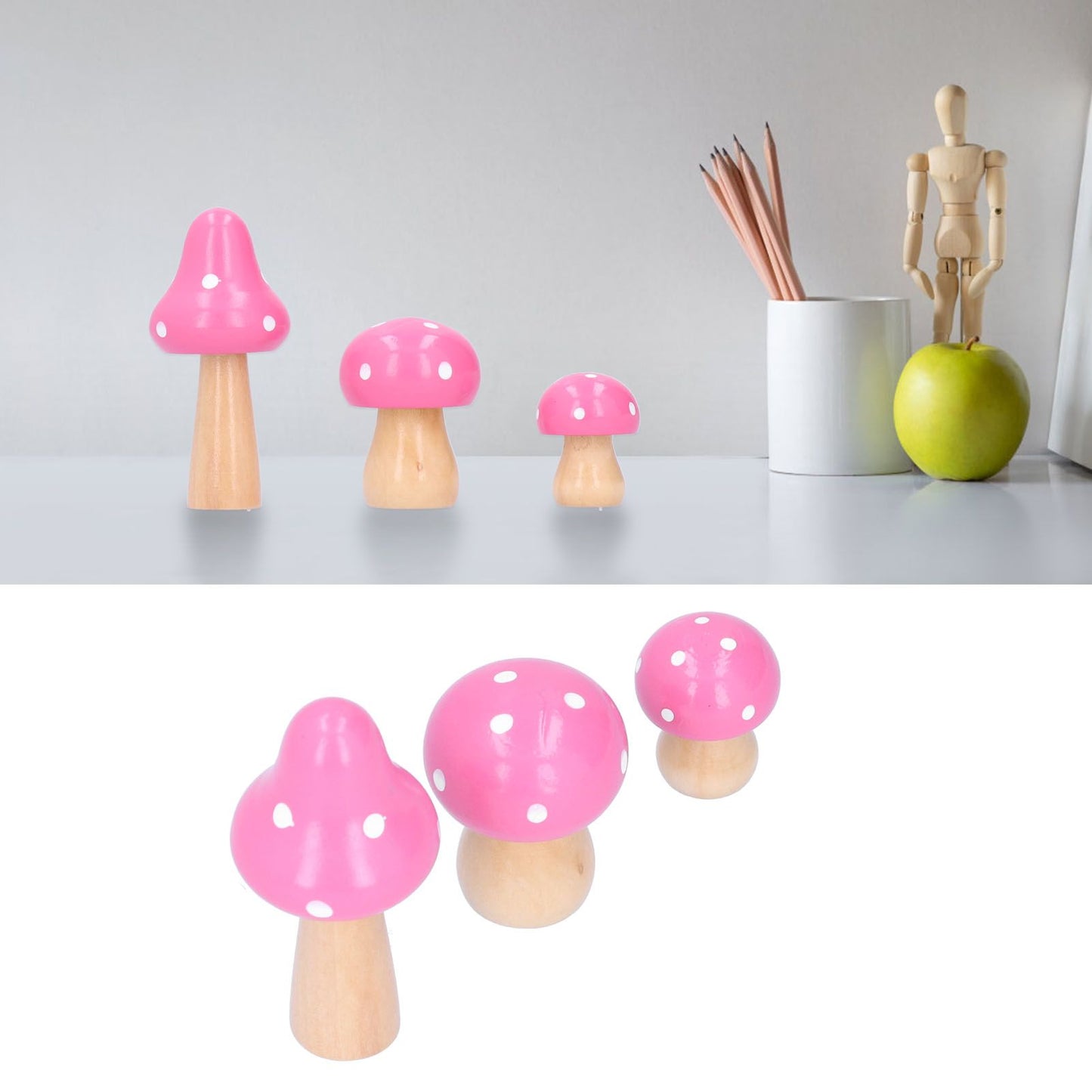 3Pcs/Set Mushroom Crafts Innovative Cute Wooden Ornaments Home Office Desktop DecorationPink