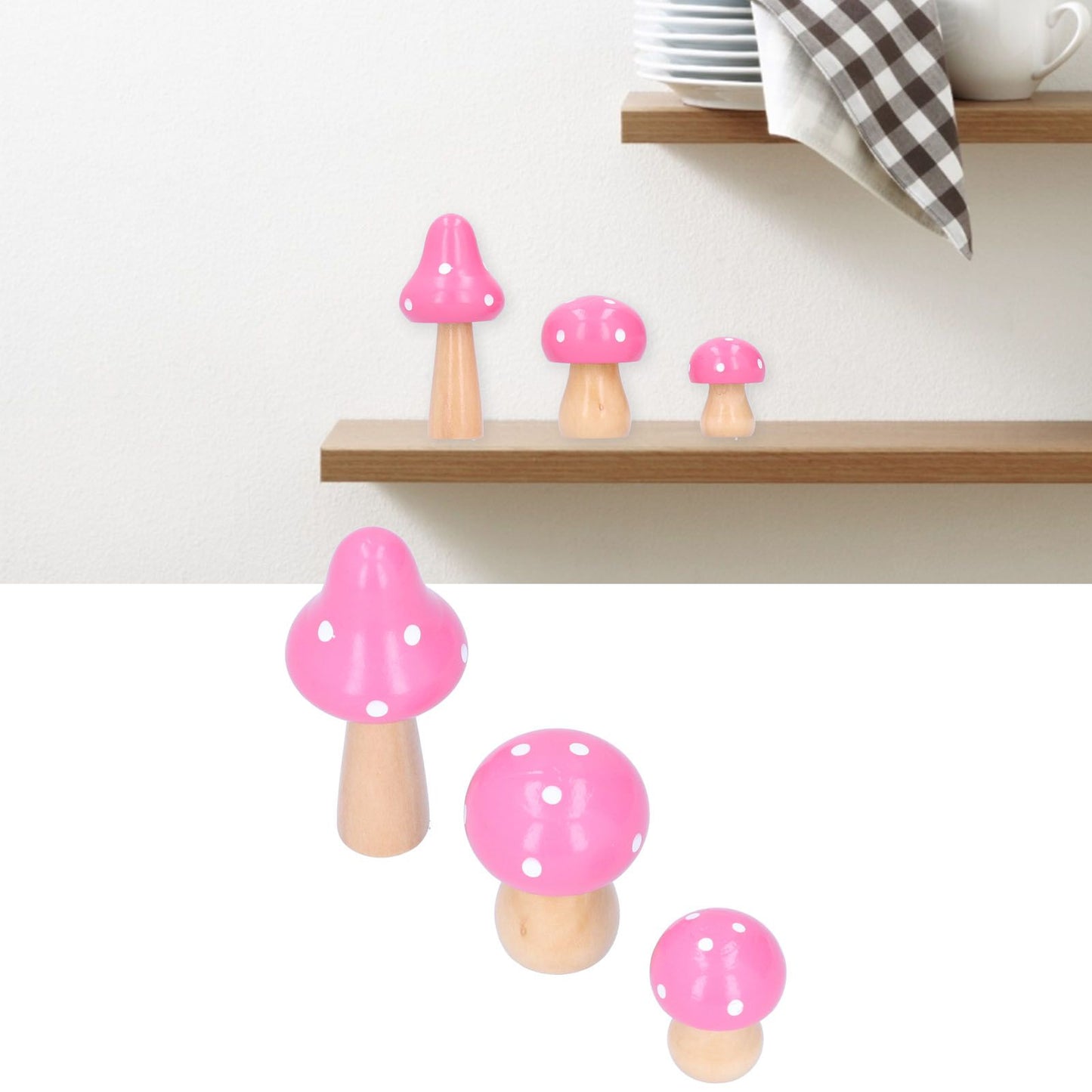 3Pcs/Set Mushroom Crafts Innovative Cute Wooden Ornaments Home Office Desktop DecorationPink