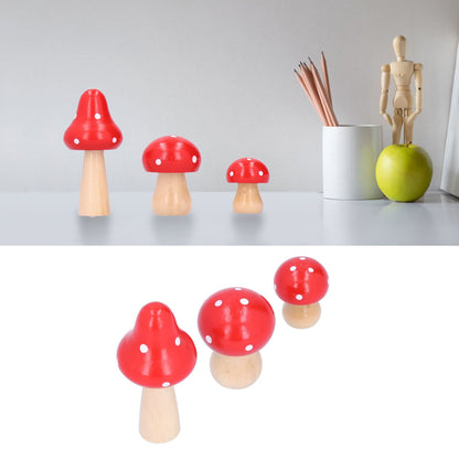 3Pcs/Set Mushroom Crafts Innovative Cute Wooden Ornaments Home Office Desktop DecorationRed