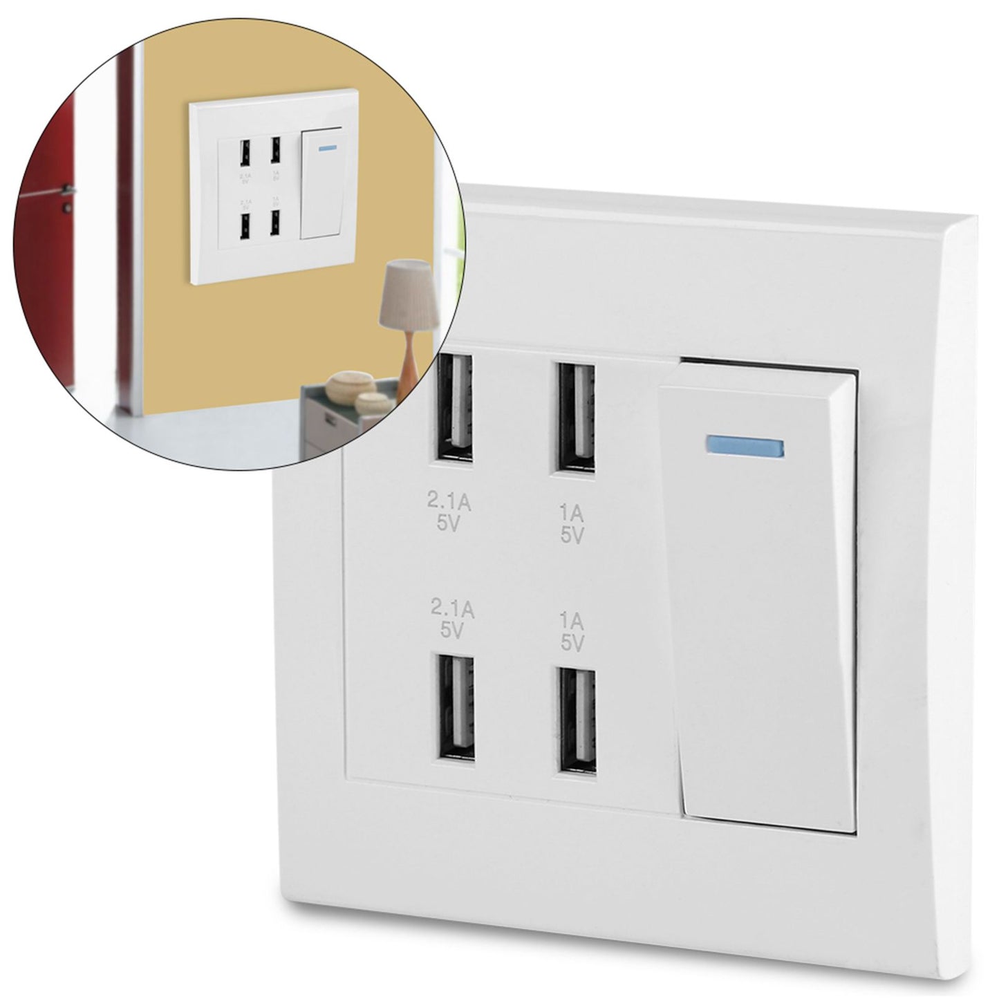 4 Ports Switch Control 5V 2.1A/1A 4100mA USB Wall Mounted Power Socket Charger Outlet(220~250V)