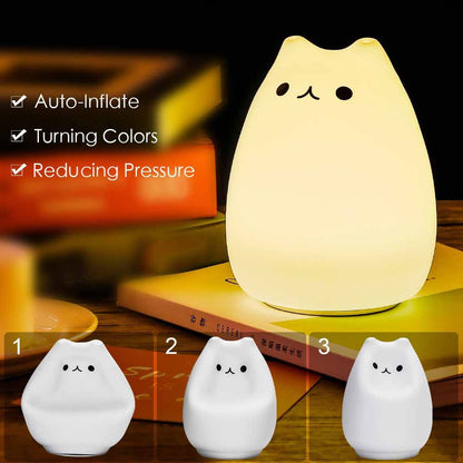 Children Night Light, EECOO Cute Cat Lamp Soft Silicone Sensitive Tap Control Decompression Toy