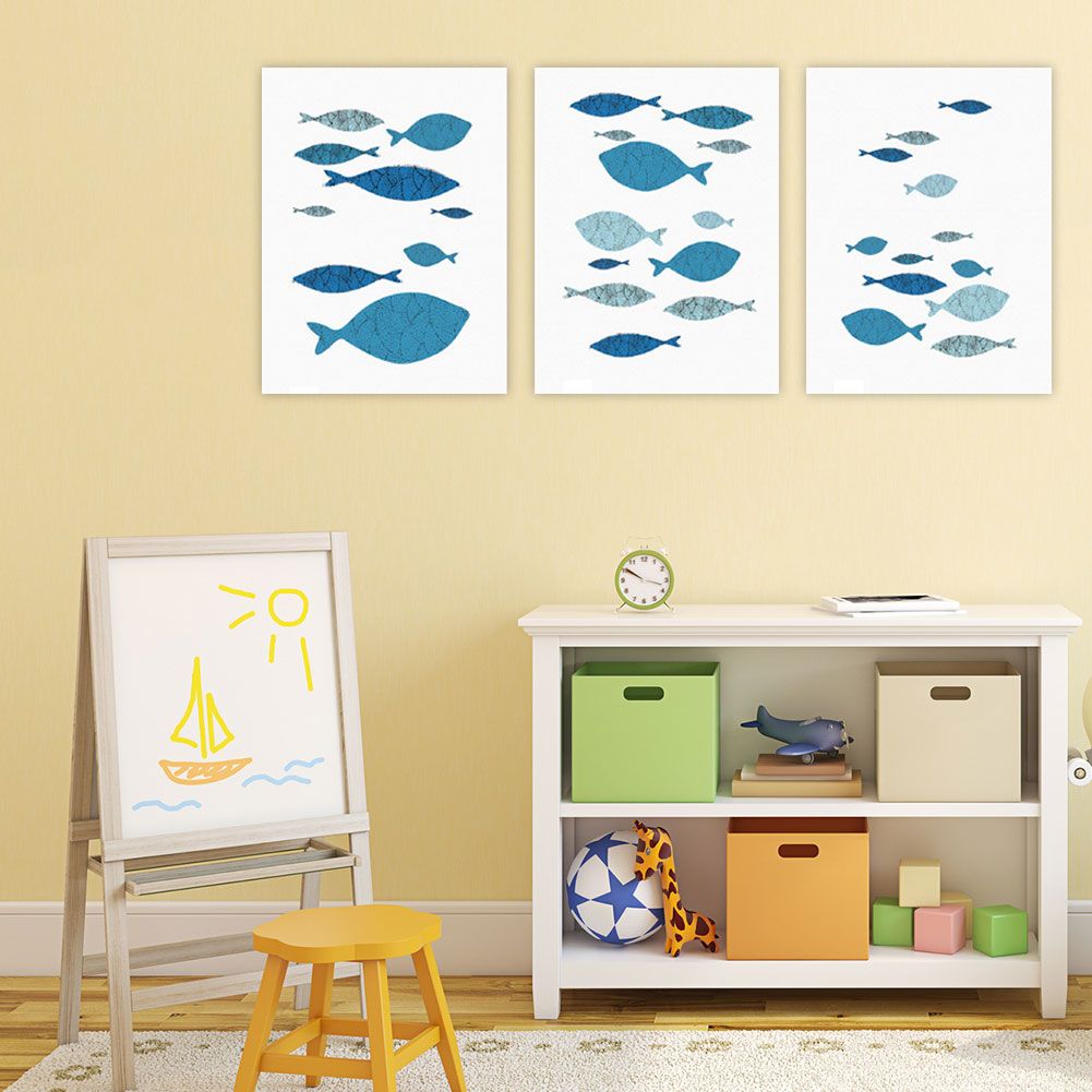 3Pcs Canvas Wall Art Painting Cartoon Fishes Printed Picture Home Office Decor