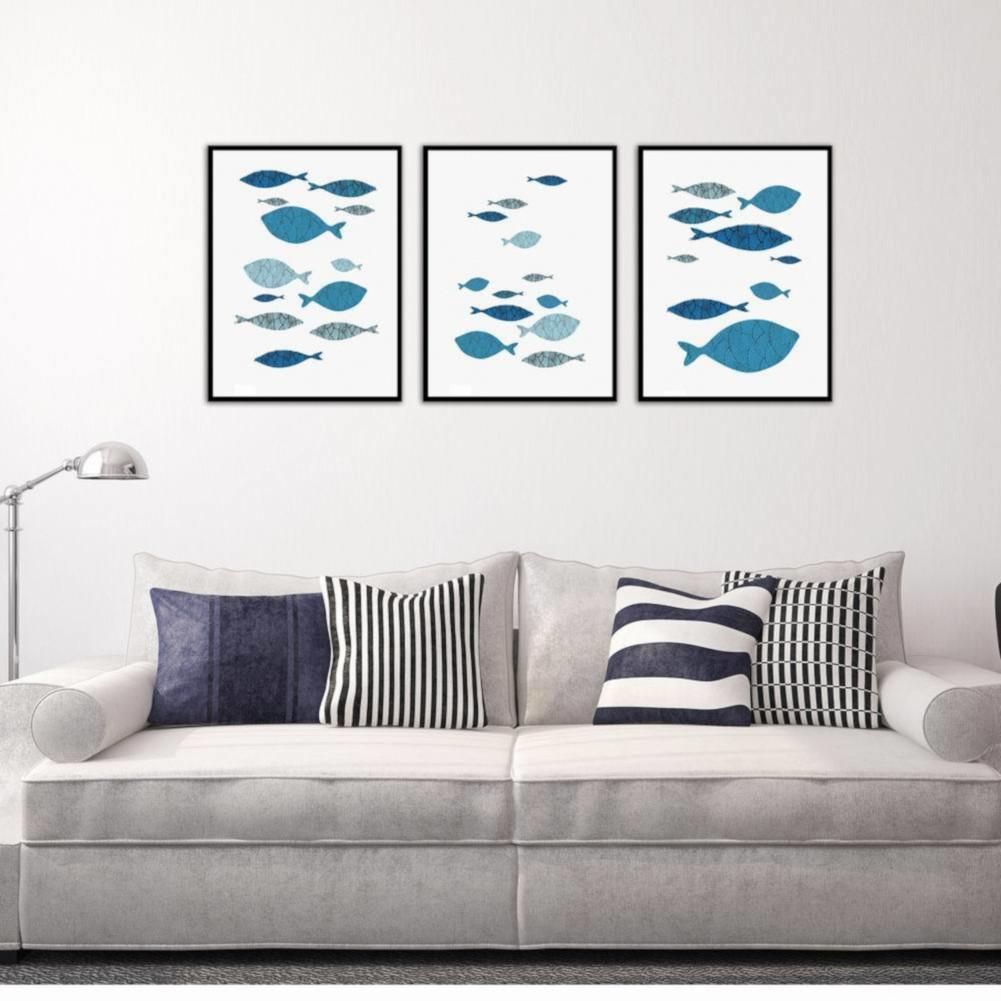 3Pcs Canvas Wall Art Painting Cartoon Fishes Printed Picture Home Office Decor