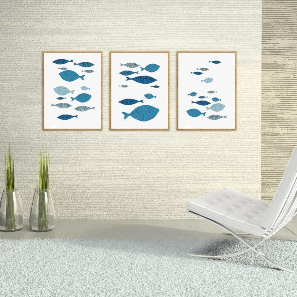 3Pcs Canvas Wall Art Painting Cartoon Fishes Printed Picture Home Office Decor