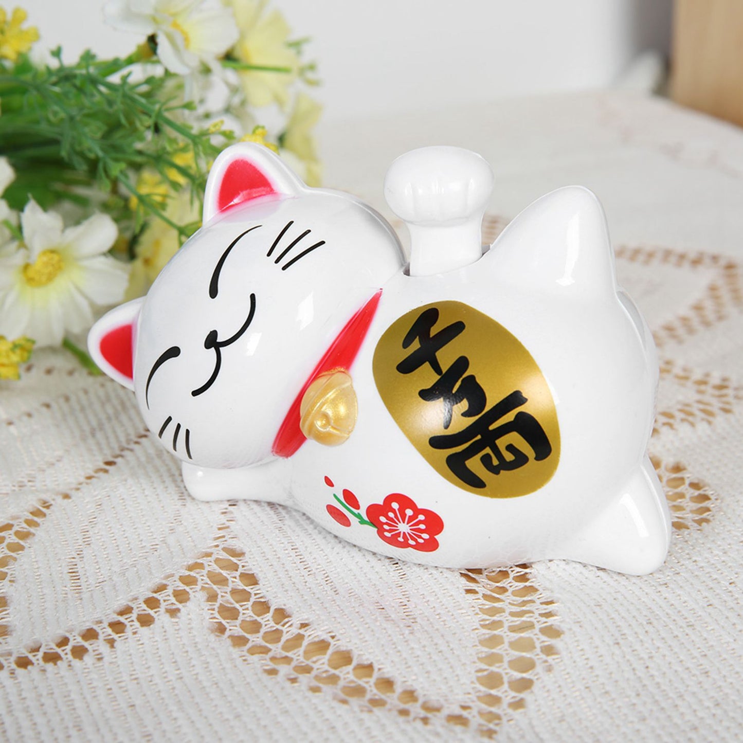 Solar Powered Adorable Lazy Lying Waving Beckoning Fortune Lucky Cat Car Accessories(#2)