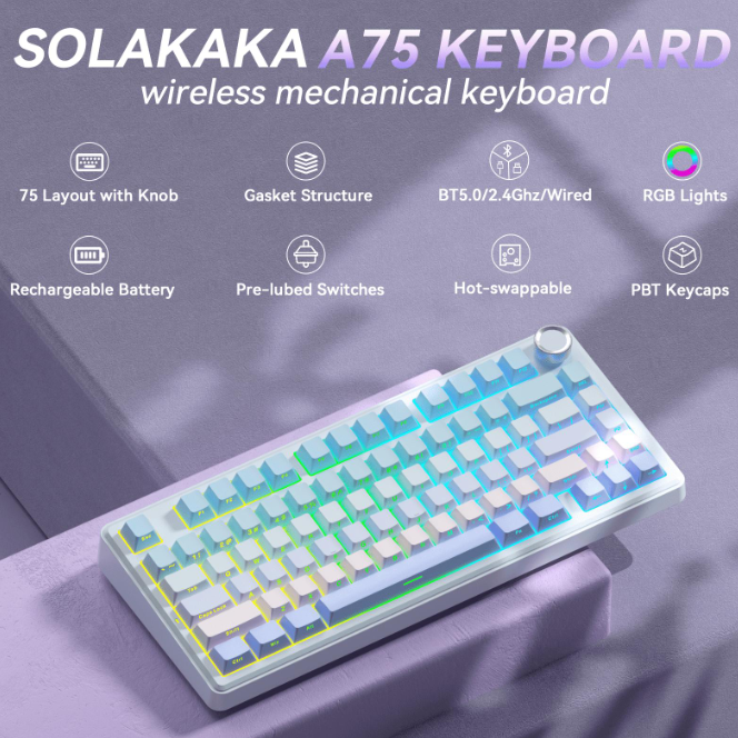 Solakaka A75 3-Mode RGB Mechanical Keyboard, Blue‑Purple