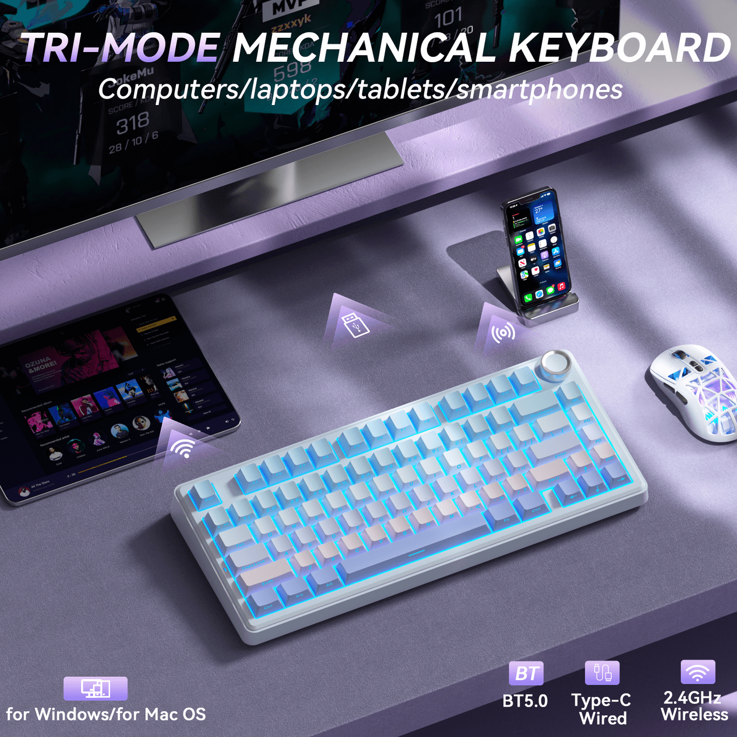 Solakaka A75 3-Mode RGB Mechanical Keyboard, Blue‑Purple