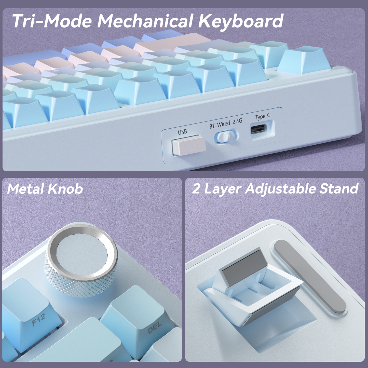 Solakaka A75 3-Mode RGB Mechanical Keyboard, Blue‑Purple