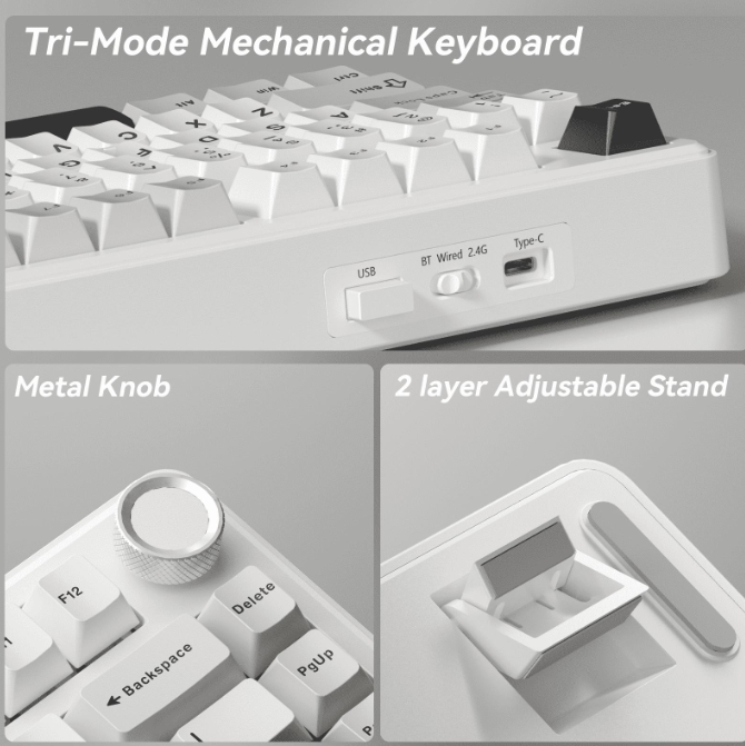 Solakaka A75 3-Mode RGB Mechanical Keyboard,White-Gray