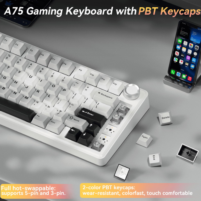 Solakaka A75 3-Mode RGB Mechanical Keyboard,White-Gray