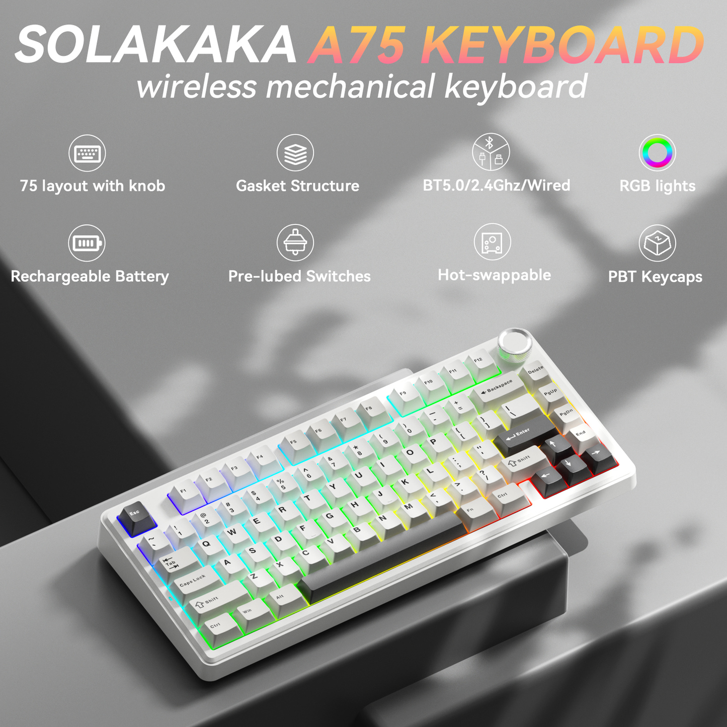 Solakaka A75 3-Mode RGB Mechanical Keyboard,White-Gray