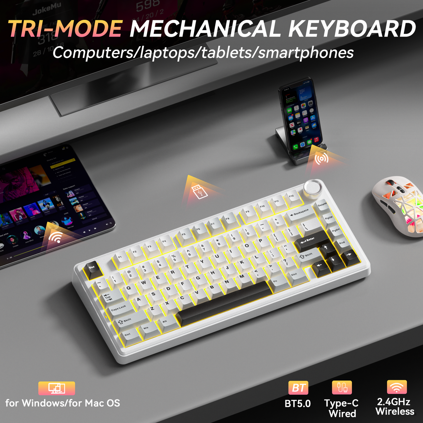 Solakaka A75 3-Mode RGB Mechanical Keyboard,White-Gray