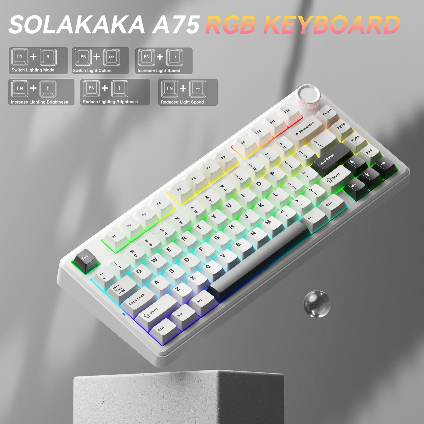 Solakaka A75 3-Mode RGB Mechanical Keyboard,White-Gray