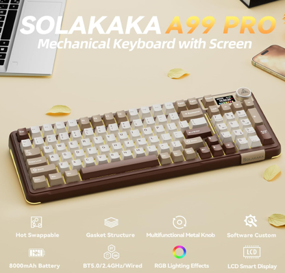 Solakaka A99PRO 3‑Mode RGB Mechanical Keyboard, Milk-Coffee-Brown