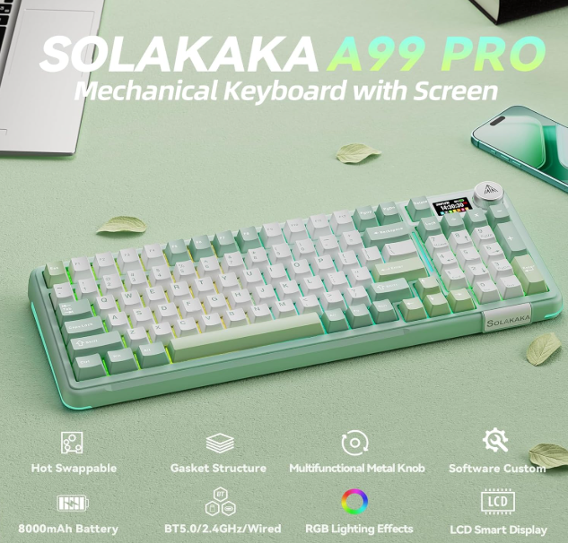 Solakaka A99PRO 3‑Mode RGB Mechanical Keyboard, White‑Green