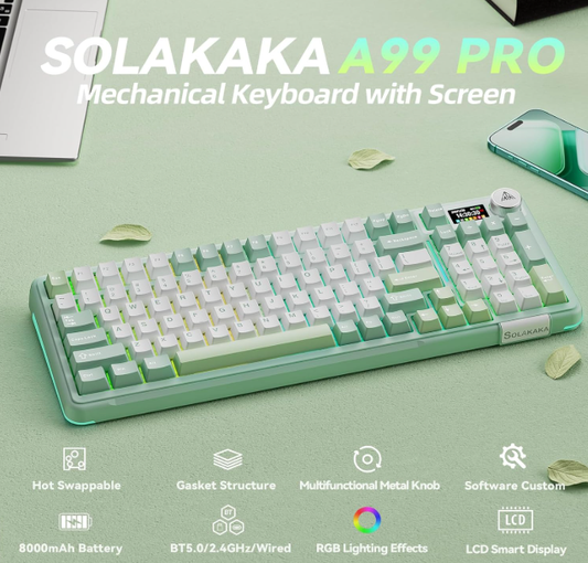 Solakaka A99PRO 3‑Mode RGB Mechanical Keyboard, White‑Green