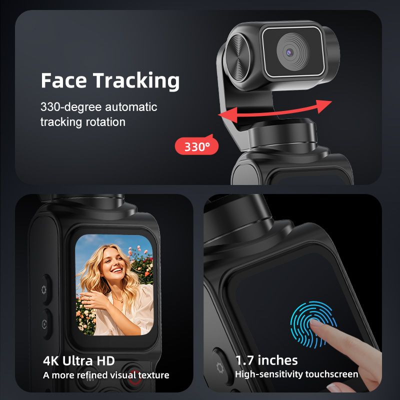 AT-M105 Pocket Gimbal Vlog Camera, 4K HD Handheld Video Camera，black，64GB