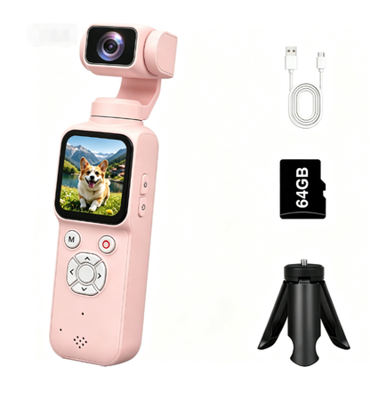 AT-M105 Pocket Gimbal Vlog Camera, 4K HD Handheld Video Camera，pink，64GB
